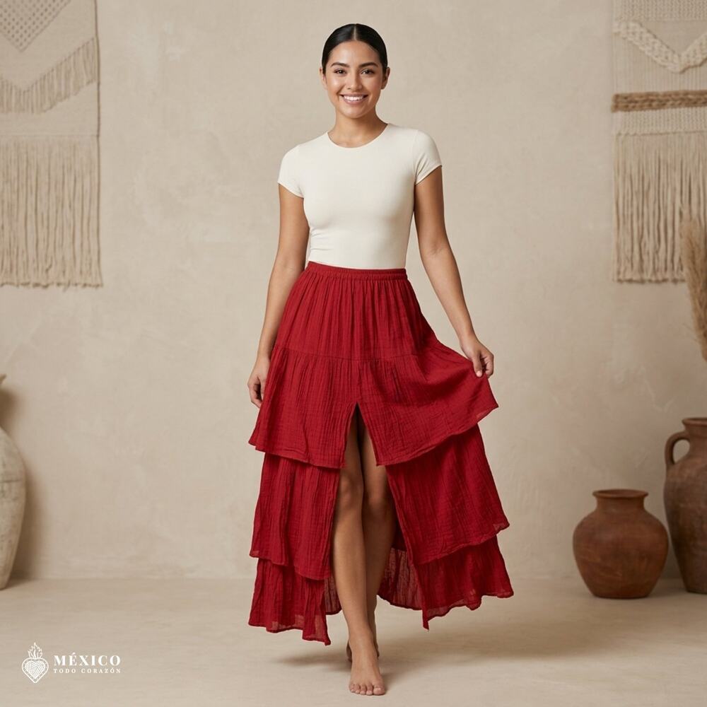 Mexican Red Cotton Gauze Maxi Skirt – Tiered Boho Skirt with Front Slit